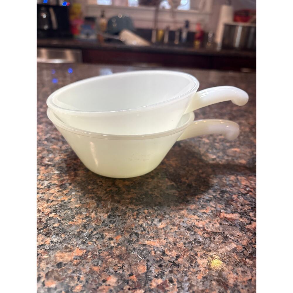 2 Vintage Anchor Hocking Fire King White Milk Glass Soup Bowl 5" w/Handle